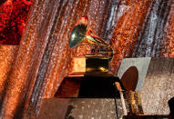 A Grammy award appears on stage at the 65th annual Grammy Awards on Sunday, Feb. 5, 2023, in Los Angeles. (AP Photo/Chris Pizzello)