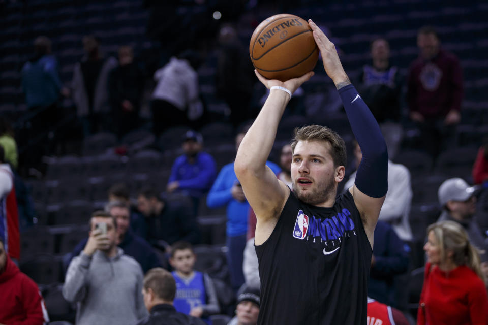 Dallas Mavericks forward Luka Doncic in action prior to the first half of an NBA basketball game against the Philadelphia 76ers, Friday, Dec. 20, 2019, in Philadelphia. The Mavericks won 117-98. (AP Photo/Chris Szagola)