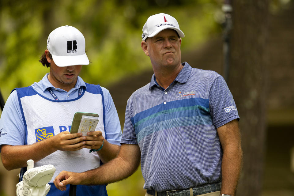 Stewart Cink looks down the eighth fairway before he tees off during the first round of the RBC Heritage golf tournament in Hilton Head Island, S.C., Thursday, April 15, 2021. (AP Photo/Stephen B. Morton)