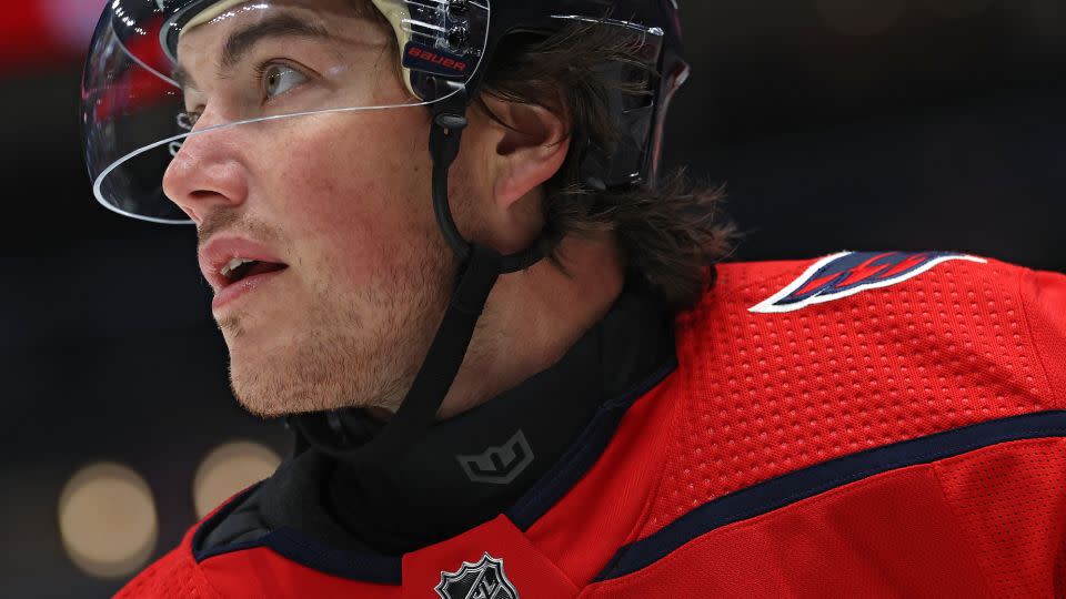 TJ Oshie wears a neck guard prior to the Washington Capitals' game against the Columbus Blue Jackets. - Patrick Smith/Getty Images