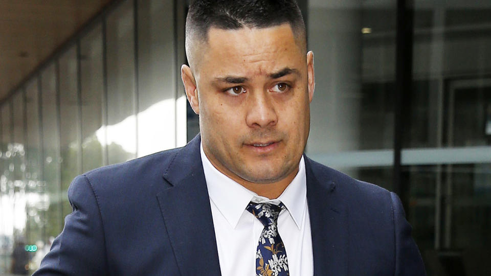 Jarryd Hayne, pictured here to defend two charges of aggravated sexual assault. 
