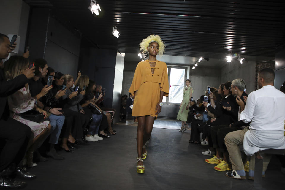 A model wears a creation as part of the Valli Ready To Wear Spring-Summer 2020 collection, unveiled during the fashion week, in Paris, Monday, Sept. 30, 2019. (Photo by Vianney Le Caer/Invision/AP)