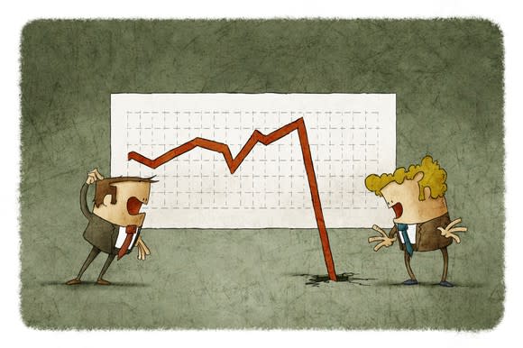 A cartoon image of two men in suits looking panicked as a stock chart falls through the floor.