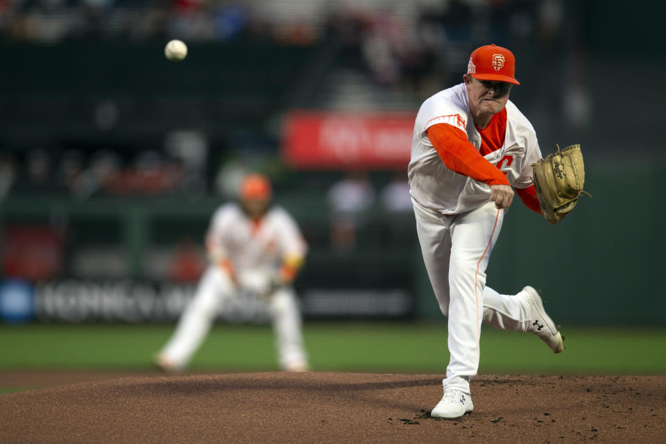 San Francisco Giants starting pitcher Logan Webb (62) delivers a pitch against the Arizona Diamondbacks during the first inning of a baseball game, Tuesday, Sept. 28, 2021, in San Francisco. (AP Photo/D. Ross Cameron)