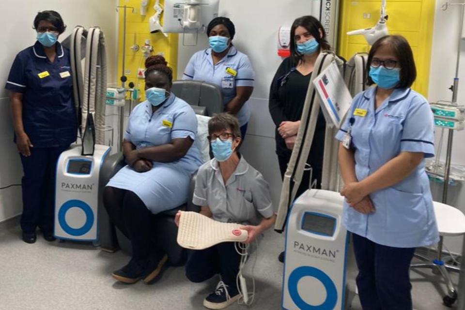 Nursing staff with two of the Paxman scalp cooling units (Georgiana Sullivan)