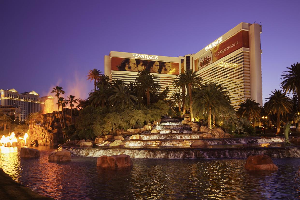 Las Vegas, Nevada, USA - May 18, 2013: Eruption of the artificial volcano outside The Mirage hotel and casino. The Mirage is operated by MGM Resorts International.