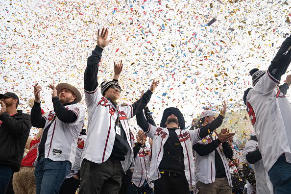 ATLANTA, GA - NOVEMBER 05: Members of the Atlanta Braves celebrate following their World Series Parade at Truist Park on November 5, 2021 in Atlanta, Georgia. The Atlanta Braves won the World Series in six games against the Houston Astros winning their first championship since 1995. (Photo by Megan Varner/Getty Images)