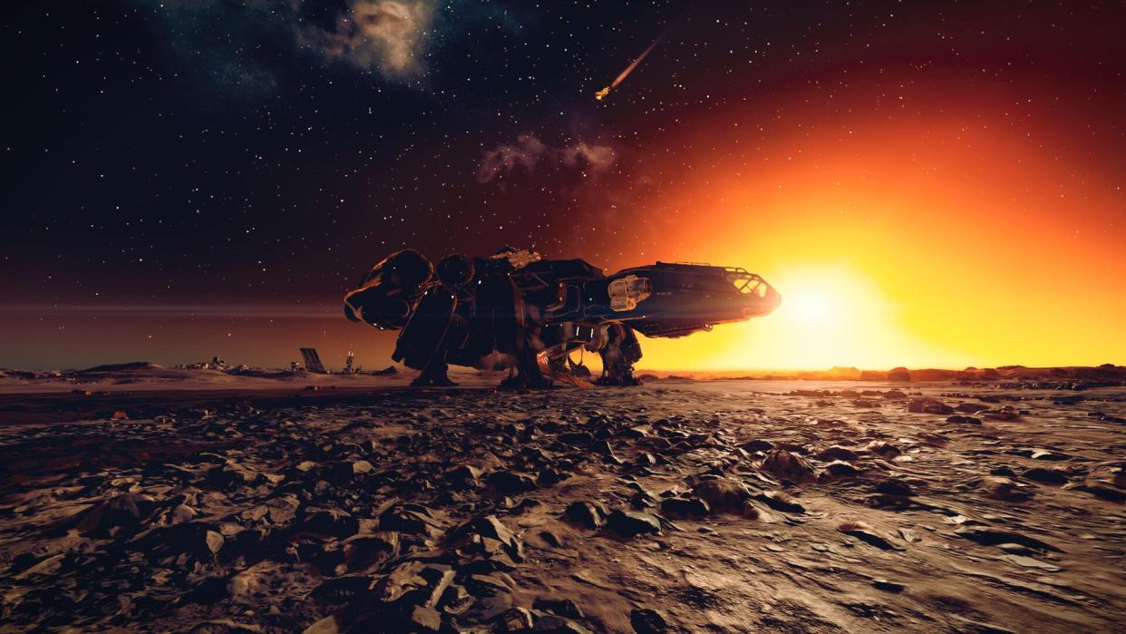  A stunning view of a sunset behind the spaceship on Starfield. 