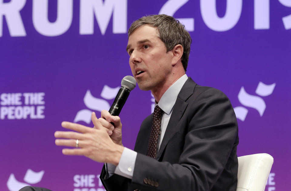 Former congressman and Democratic presidential candidate Beto O'Rourke answers questions during a presidential forum held by She The People on the Texas State University campus Wednesday, April 24, 2019, in Houston. (AP Photo/Michael Wyke)