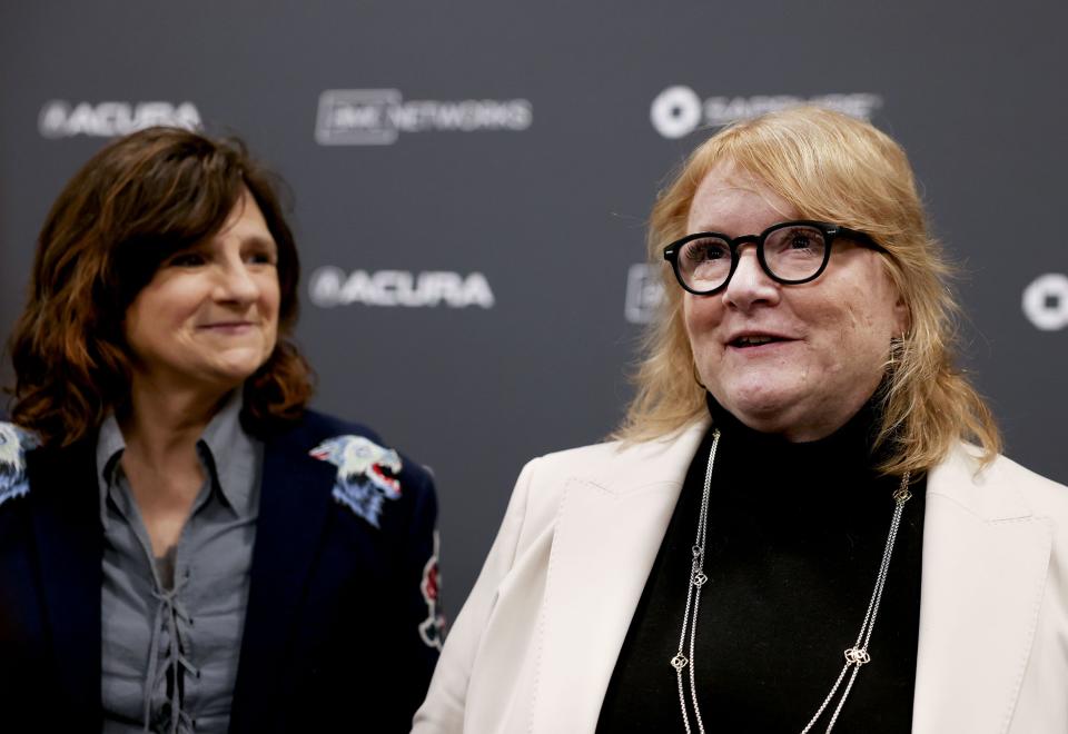 Amy Ray, left, and Emily Saliers of the Indigo Girls speak to reporters at the premiere of their documentary film “It’s Only Life After All” at the Ray Theatre in Park City on Thursday, Jan. 19, 2023. | Laura Seitz, Deseret News