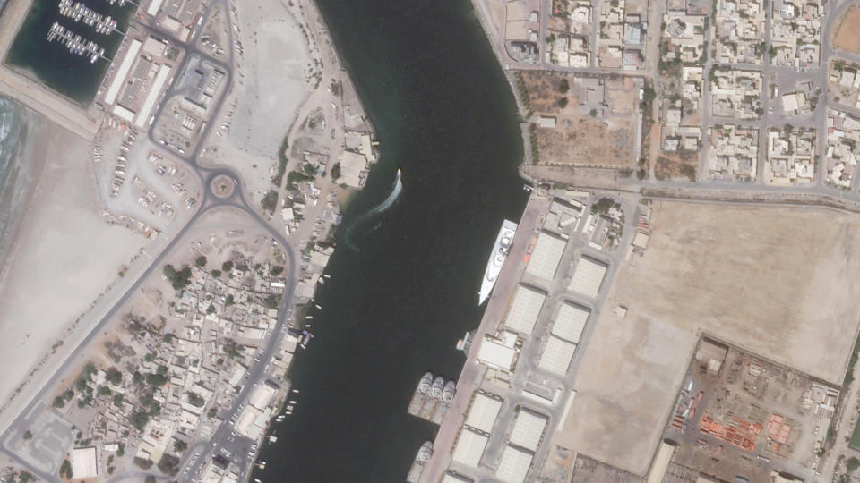 This satellite image from Planet Labs PBC shows Motor Yacht A, belonging to Russian oligarch Andrey Melnichenko, moored in Ras al-Khaimah, United Arab Emirates, May 12, 2022. In the dusty, northern-most sheikhdom of the United Arab Emirates, Motor Yacht A, one of the world's largest yachts, sits in the quiet port — so far avoiding the fate of other luxury vessels linked to sanctioned Russian oligarchs. (Planet Labs PBC via AP)