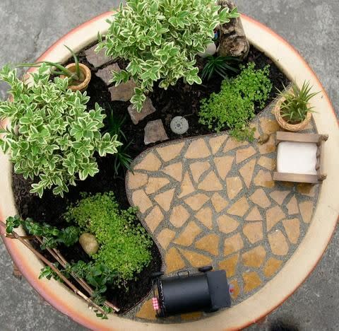 overhead view of fairy garden with patio