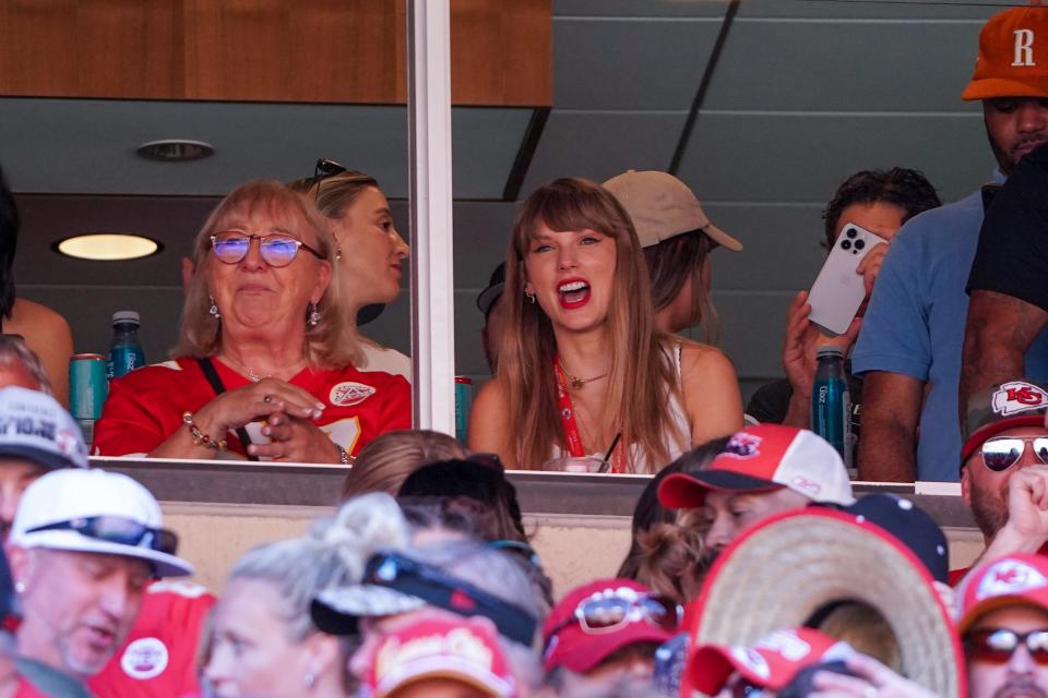 Taylor Swift sits next to Donna Kelce watching the Kansas City Chiefs vs. Chicago Bears game Sept. 24 at Arrowhead Stadium.