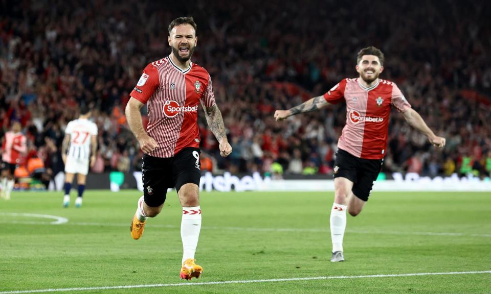 <span>Adam Armstrong (left) celebrates after scoring Southampton’s second goal of the night.</span><span>Photograph: Matt Watson/Southampton FC/Getty Images</span>