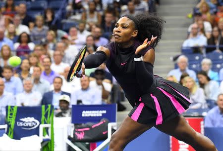 Sept 1, 2016; New York, NY, USA; Serena Williams of the USA hits to Vania King of USA (not pictured) on day four of the 2016 U.S. Open tennis tournament at USTA Billie Jean King National Tennis Center. Mandatory Credit: Robert Deutsch-USA TODAY Sports