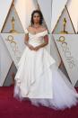 <p>Camila Alves wears a white off-the-shoulder organza gown paired with a Chopard diamond necklace.</p>