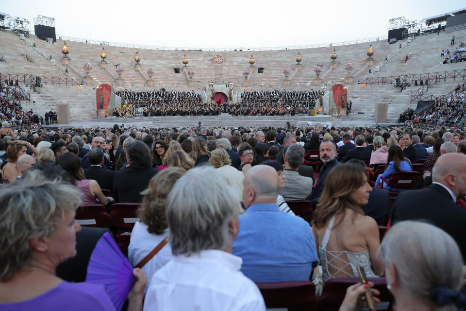 People attend a gala concert at the Verona Arena to celebrate the recognition by UNESCO of the Italian art of opera singing, in Verona, Italy, Friday, June 7, 2024. (Paola Garbuio/LaPresse via AP)