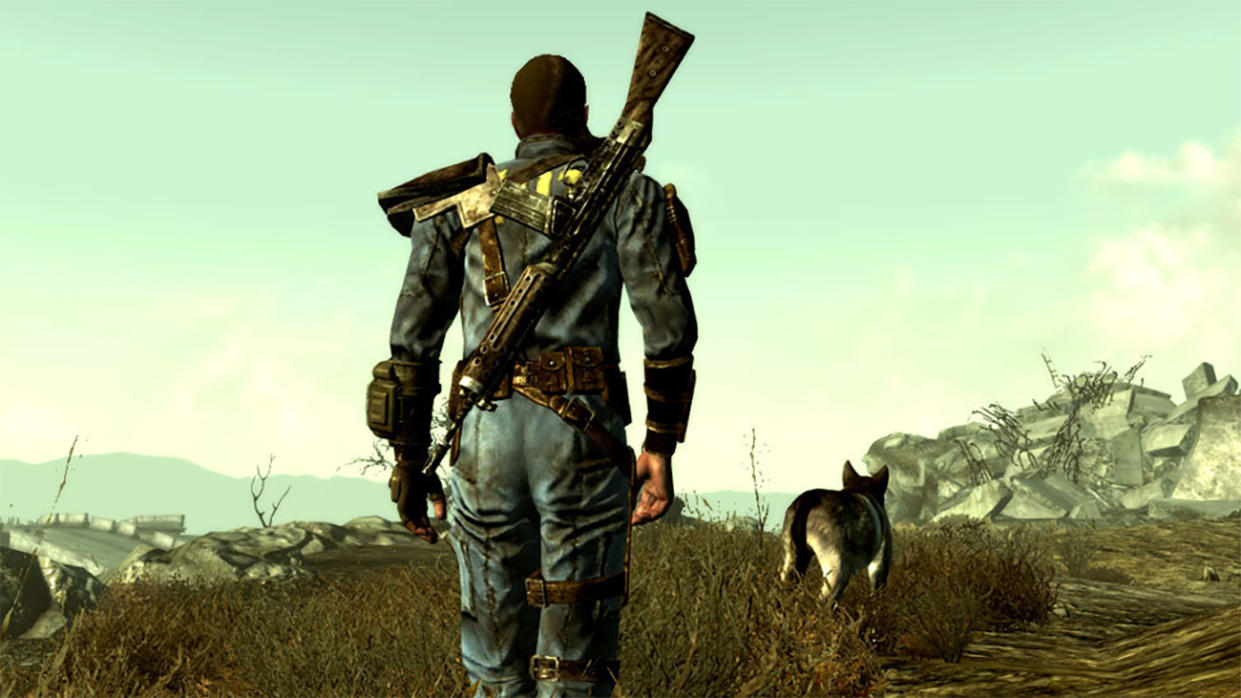  A vault dweller following a dog through the wasteland. 