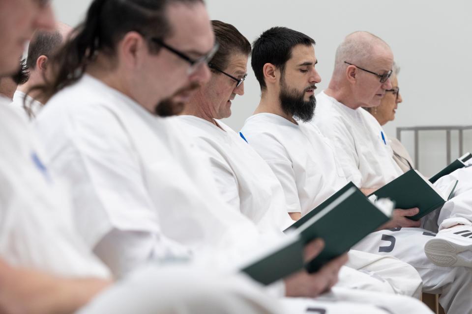 Inmates of the Utah State Correctional Facility sing hymns during the sacrament service at The Church of Jesus Christ of Latter-day Saints’ prison ministry in Salt Lake City on Sunday, Jan. 28, 2024. | Marielle Scott, Deseret News