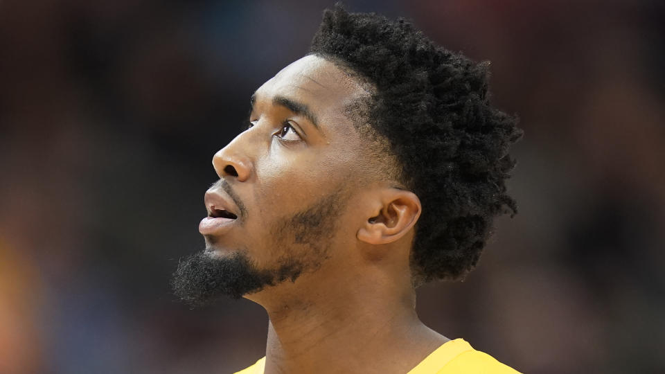 Utah Jazz guard Donovan Mitchell looks up in the first half during an NBA basketball game against the Sacramento Kings Tuesday, Nov. 2, 2021, in Salt Lake City. (AP Photo/Rick Bowmer)