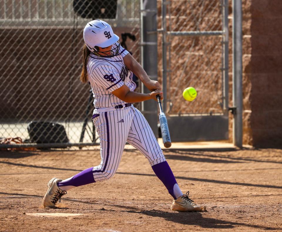 Shadow Hills' Jayla Brown (13) connects for a triple during their CIF-SS Division 5 playoff game at Shadow Hills High School in Indio, Calif., Thursday, May 2, 2024.