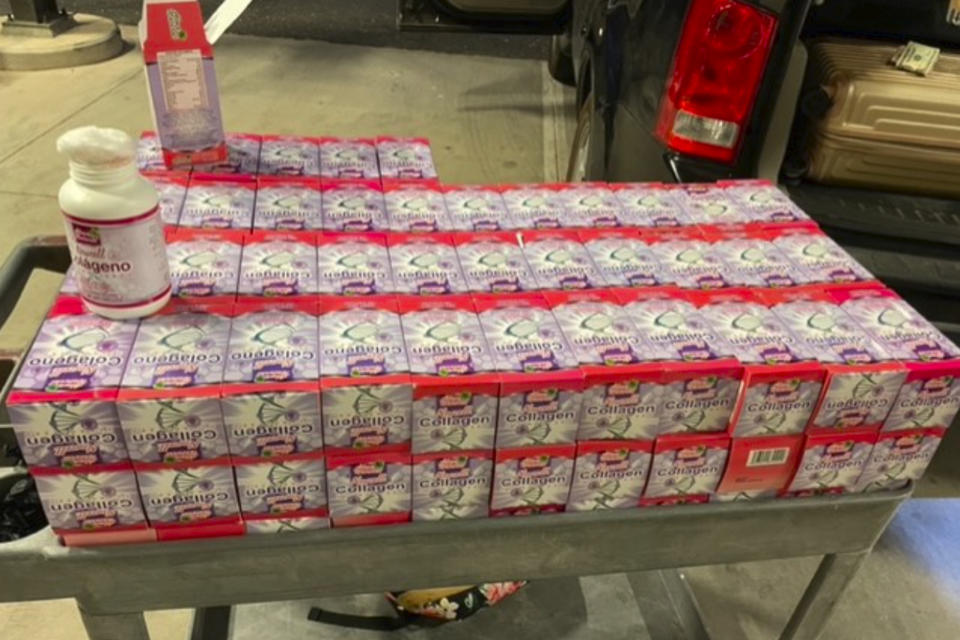 This photo released by the Casa Grande Police Department, shows collagen supplement bottles that concealed approximately 500,000 fentanyl pills that were found in an SUV pulled over for speeding on Interstate 10 in Pinal County, Ariz., on Monday May 23, 2022. Two women, Martha Lopez, 31, and Tania Luna Solis, 30, were arrested Monday after about 500,000 fentanyl pills were found collagen supplement bottles in an SUV pulled over for speeding on Interstate 10 in Arizona, police said.(Casa Grande Police Department via AP)