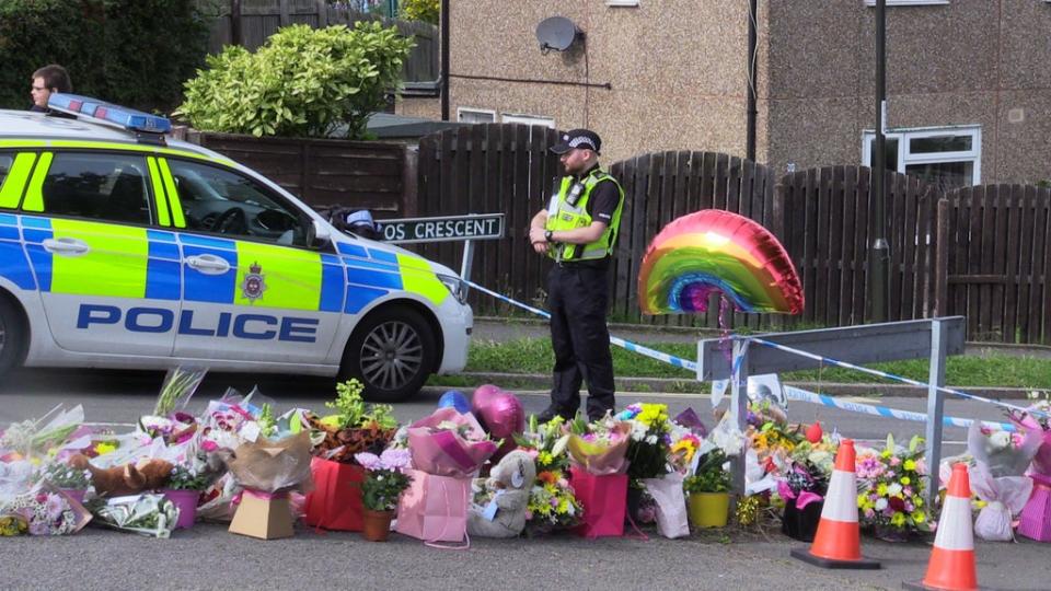 Flowers near to the scene in Chandos Crescent, Killamarsh, near Sheffield, where the bodies of John Paul Bennett, 13, Lacey Bennett, 11, their mother Terri Harris, 35, and Lacey�s friend Connie Gent, 11, were discovered at a property on Sunday morning. Picture date: Tuesday September 21, 2021. (PA Wire)