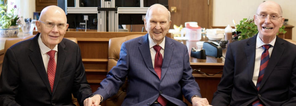 President Russell M. Nelson, center, poses for a photograph on his 99th birthday with his counselors on Sept. 9, 2023.