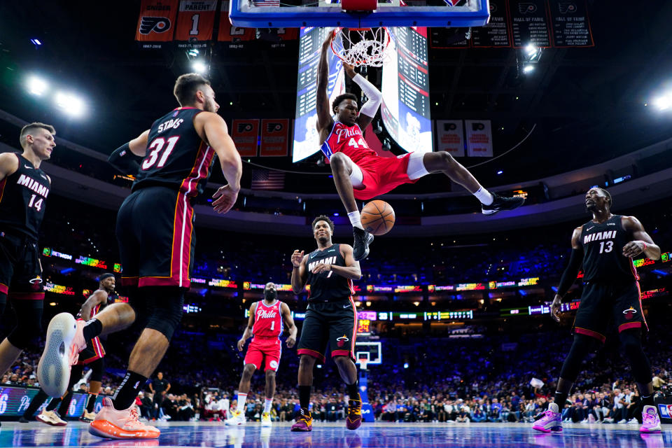 Philadelphia 76ers' Paul Reed scores against the Miami Heat during the first half of Game 4 of an NBA basketball second-round playoff series, Sunday, May 8, 2022, in Philadelphia. (AP Photo/Matt Slocum)