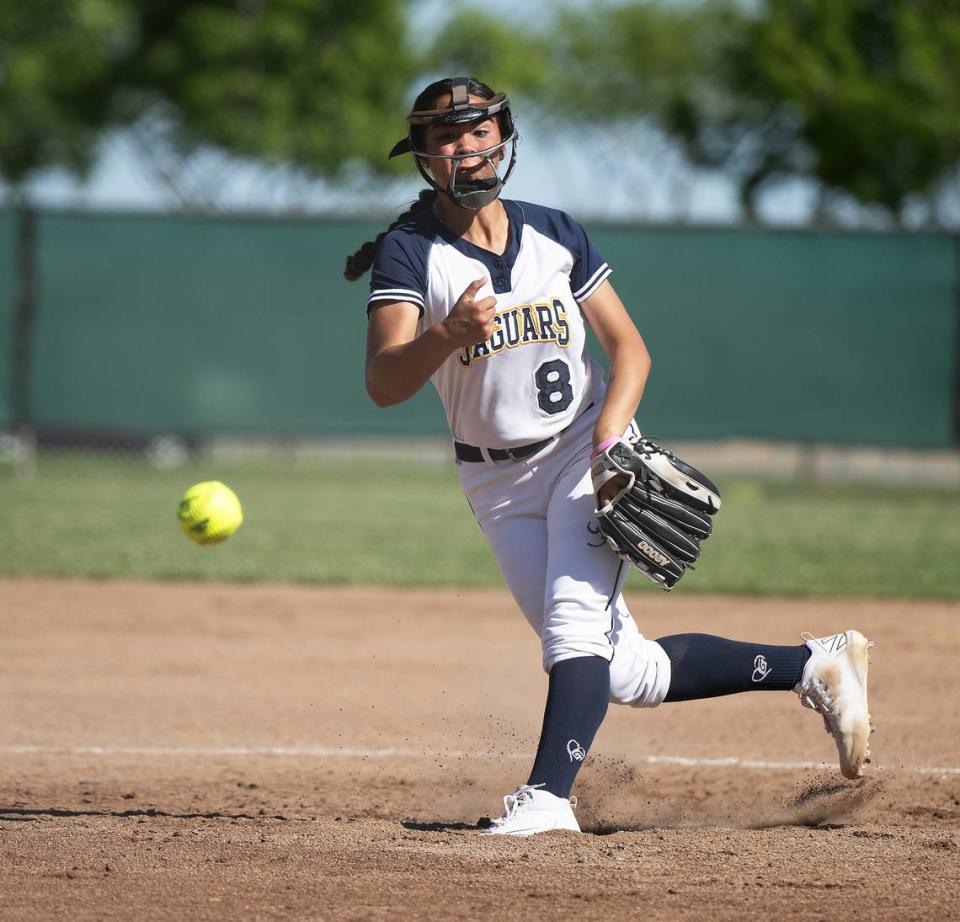 Gregori’s Kailey Estes delivers a pitch during the Central California Athletic League game with Pitman at Gregori High School in Modesto, Calif., Thursday, May 2, 2024. Gregori won the game 12-0. Andy Alfaro/aalfaro@modbee.com