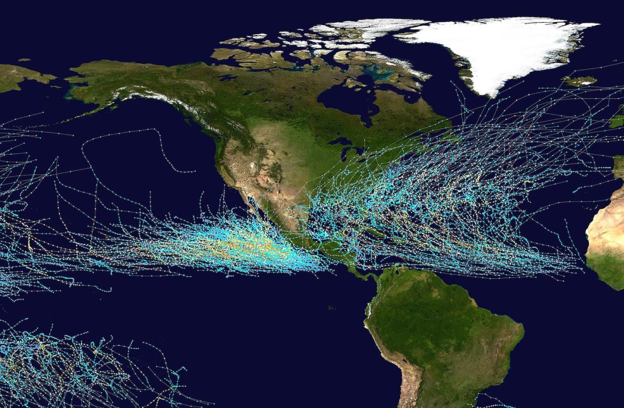 Twenty years of storm tracks in the Atlantic and eastern Pacific basins. <a href="https://en.wikipedia.org/wiki/Storm_track#/media/File:Global_tropical_cyclone_tracks-edit2.jpg" rel="nofollow noopener" target="_blank" data-ylk="slk:NASA;elm:context_link;itc:0;sec:content-canvas" class="link ">NASA</a>