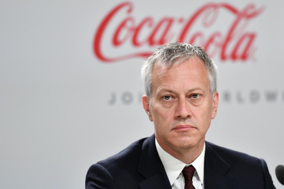 Coca-Cola President and CEO James Quincey attends a press conference with International Olympic Committee (IOC) president and China Mengniu Dairy CEO and Executive Director, as part of the 134th Session of the International Olympic Committee (IOC) at the SwissTech Convention Centre in Lausanne, on June 24, 2019. - The International Olympic Committee (IOC) in Lausanne, Switzerland, will elect in a final vote on June 24, 2019 the host city for the 2026 Winter Olympics. The two remaining host cities in the election process are Stockholm-Are, Sweden, and MilanCortina d'Ampezzo, Italy. (Photo by Fabrice COFFRINI / AFP)        (Photo credit should read FABRICE COFFRINI/AFP via Getty Images)