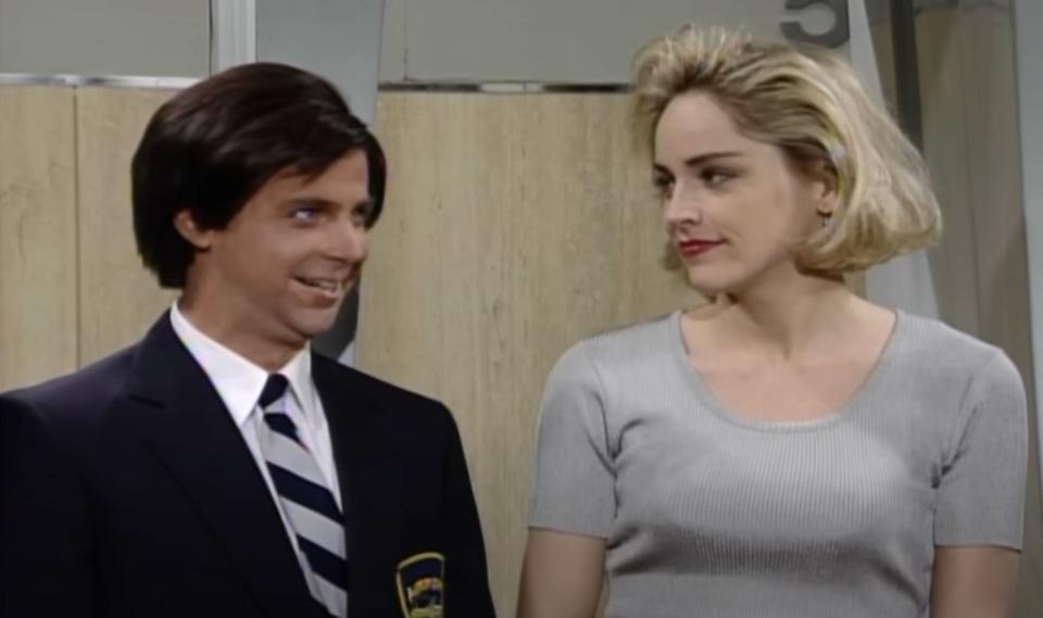 Dana Carvey and Sharon Stone in the “offensive” 1992 “Saturday Night Live” sketch in which Stone removed her clothes. Youtube/SNL