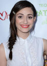 Celebrities wearing red lipstick: Emmy Rossum wore a light red lipstick with fishtail.<br><br>[Rex]