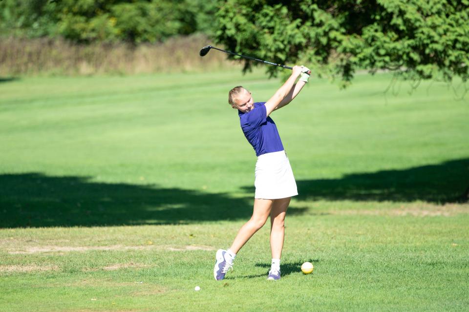 Lakeview golfer Alexa Thurman tees off at Binder Park Golf Course on Monday, Sept. 19, 2022.