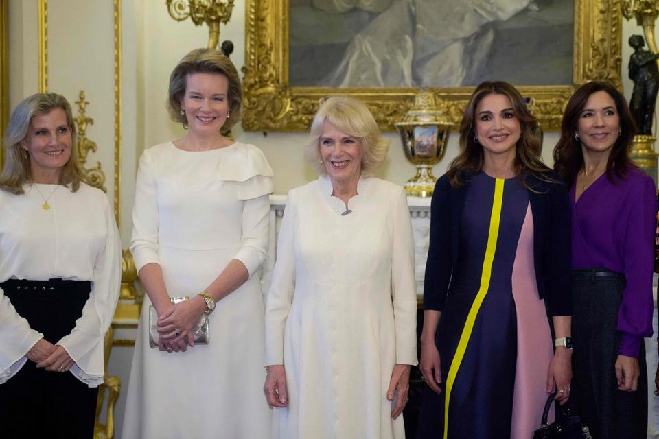 Sophie, the Countess of Wessex, Queen Mathilde of Belgium, Britain's Queen Consort Camilla, Queen Rania of Jordan and Danish Crown Princess Mary pose during a reception to raise awareness of violence against women and girls as part of the UN 16 days of Activism against Gender-Based Violence