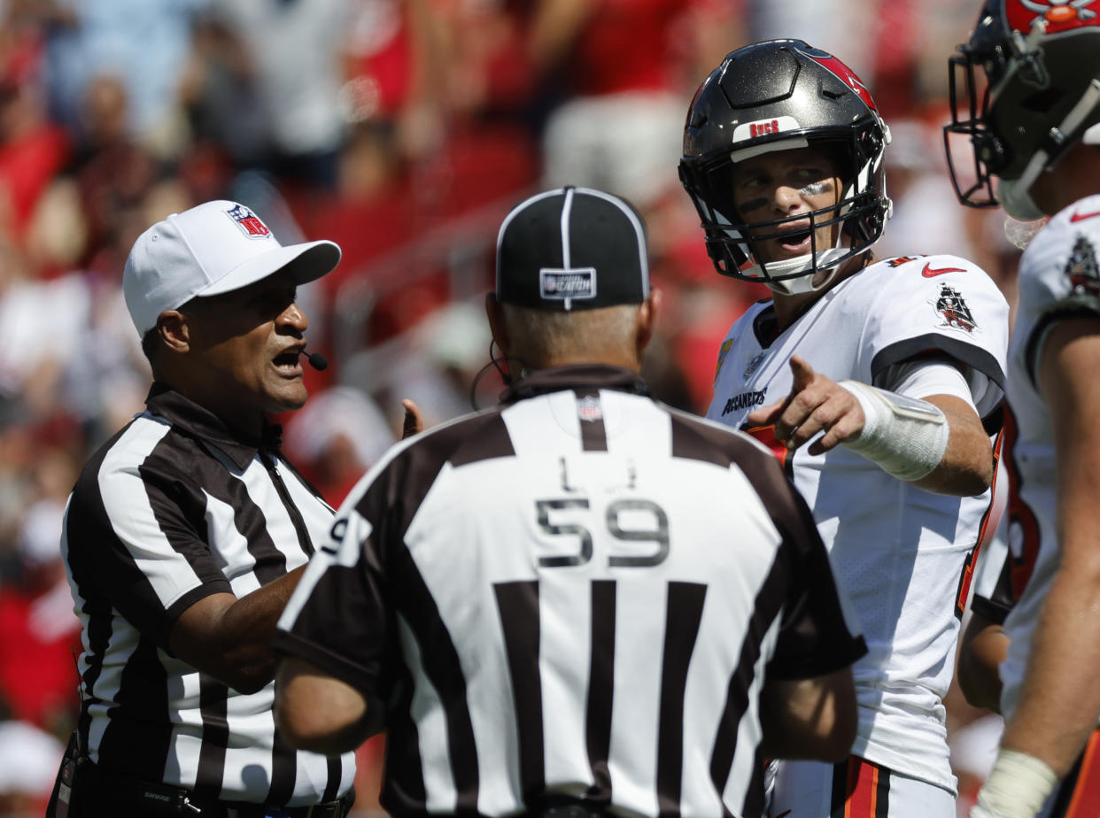 Stop us if you've heard this one: There was another bad roughing the passer penalty on Sunday, this time in Tom Brady's favor against the Falcons. (Kim Klement-USA TODAY Sports)