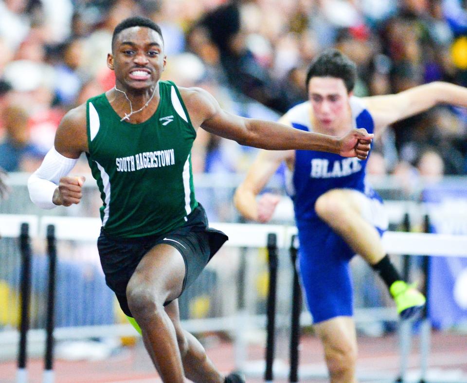 South Hagerstown's Andre Turay is the Washington County indoor track and field championships record-holder in the boys 55 hurdles.