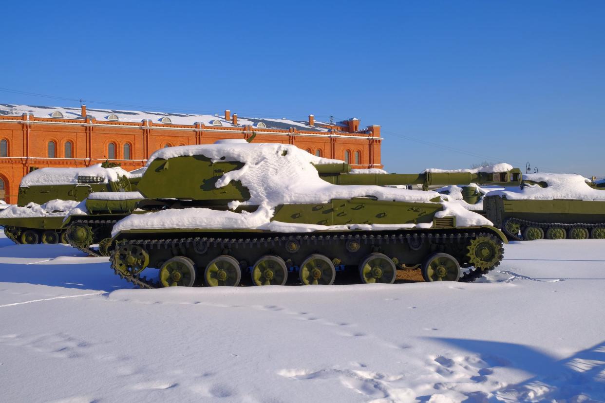 Russian military equipment covered in snow.