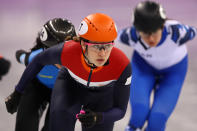 <p>Suzanne Schulting of the Netherlands competes during theLadies Short Track Speed Skating 1000m Heats on day eleven of the PyeongChang 2018 Winter Olympic Games at Gangneung Ice Arena on February 20, 2018 in Gangneung, South Korea. (Photo by Dean Mouhtaropoulos/Getty Images) </p>