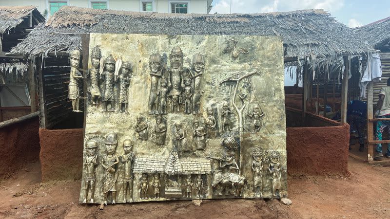 The work depicting Oba Ewuare Ogidigan, ruler of Benin Kingdom 1440-1473 is seen on display during the unveiling of Lucas Osarobo- Okoro's largest bronze work in Benin