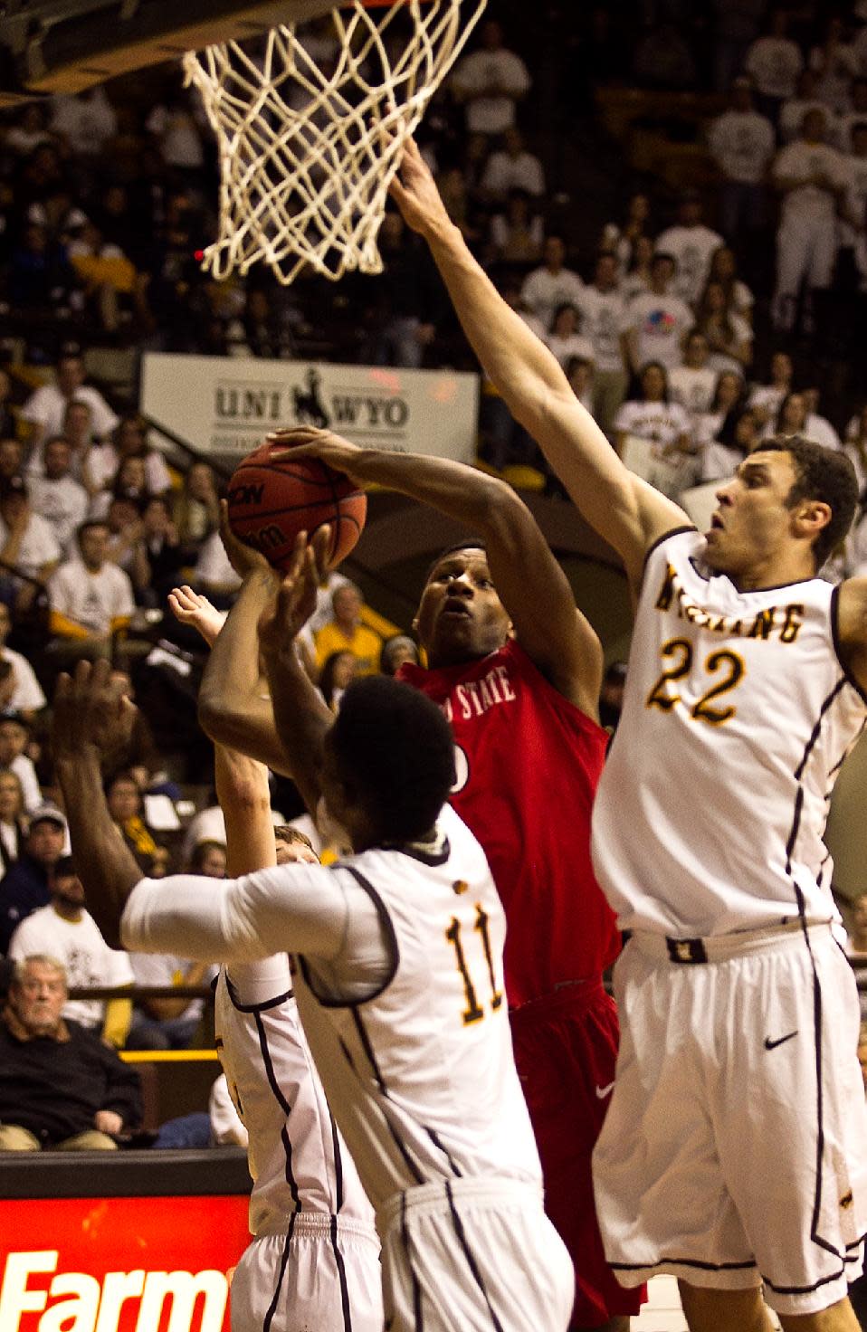 San Diego State forward Skylar Spencer (0) goes up against the University of Wyoming Cowboys defense Tuesday, Feb. 11, 2014 at the Arena-Auditorium in Laramie, Wyo. (AP Photo/Jeremy Martin)