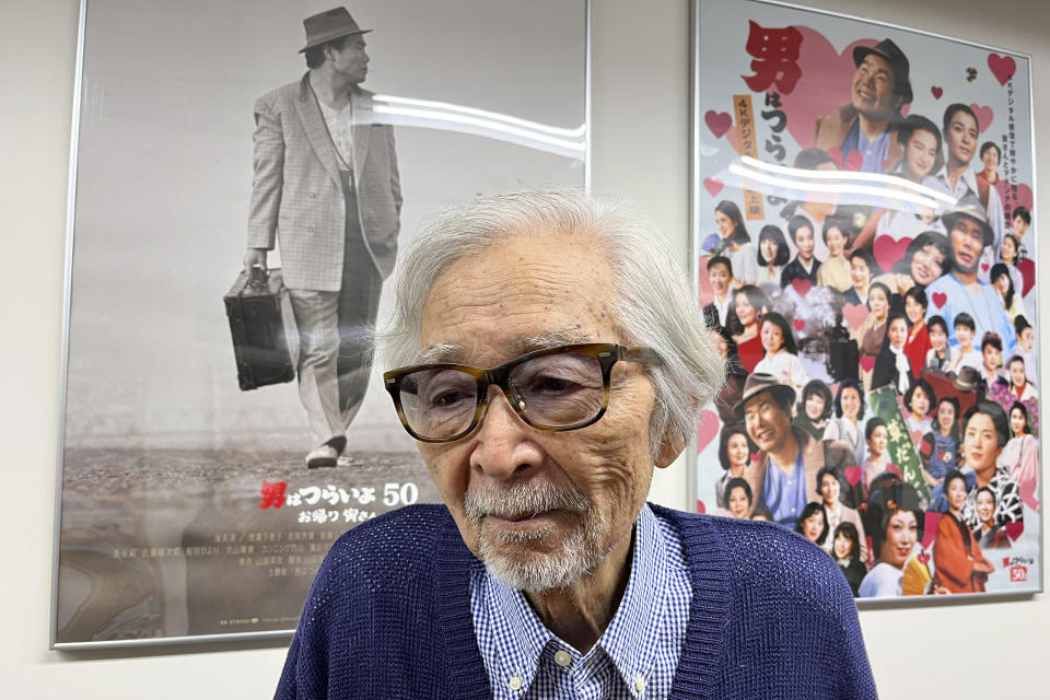 Japanese director Yoji Yamada, who has 90 films to his credit, talks to The Associated Press at a Shochiku office in Tokyo, Wednesday, Oct. 4, 2023. A theater piece he has scripted and directed, based on a storyteller’s classic, is being performed at the Kabukiza in Tokyo through the end of this month. Yamada, 92, says all his works deal with the question of what it truly means to be human. (AP Photo/Yuri Kageyama)