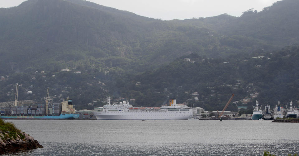 FILE - In this March 2, 2012, file photo, the Costa Allegra cruise ship is docked at the harbor in Victoria, Seychelles Island. Small island nations are using the weeklong gathering of world leaders at this year’s U.N. General Assembly to highlight the one issue that threatens all of their existence: global warming. Seychelles President Danny Faure said for his country it’s already a daily reality. On the map, their homes are tiny specks in a vast sea of blue, rarely in the headlines and far removed from the centers of power. But for a few days each year, the leaders of small island nations share the same podium as presidents and prime ministers from the world’s most powerful nations, and their message is clear: global warming is already changing our lives, and it will change yours too.(AP Photo/Gregorio Borgia, File)