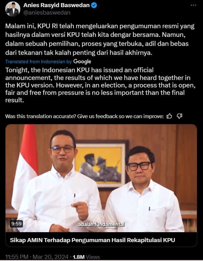 印尼總統候選人阿尼斯(Anies Baswedan)在投票結果公布後拒絕承認敗選。(X@aniesbaswedan)