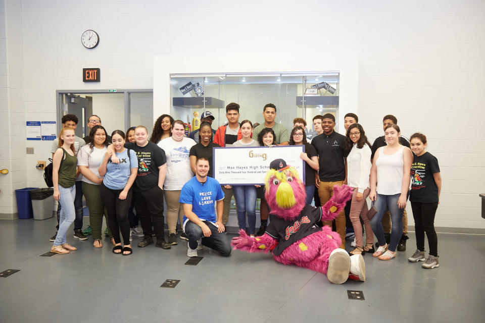 Trevor Bauer visits Max Hayes High School to deliver his donation of $69,420.69 on his 69th Day of Giving last season. (Dan Mendlik/Cleveland Indians)