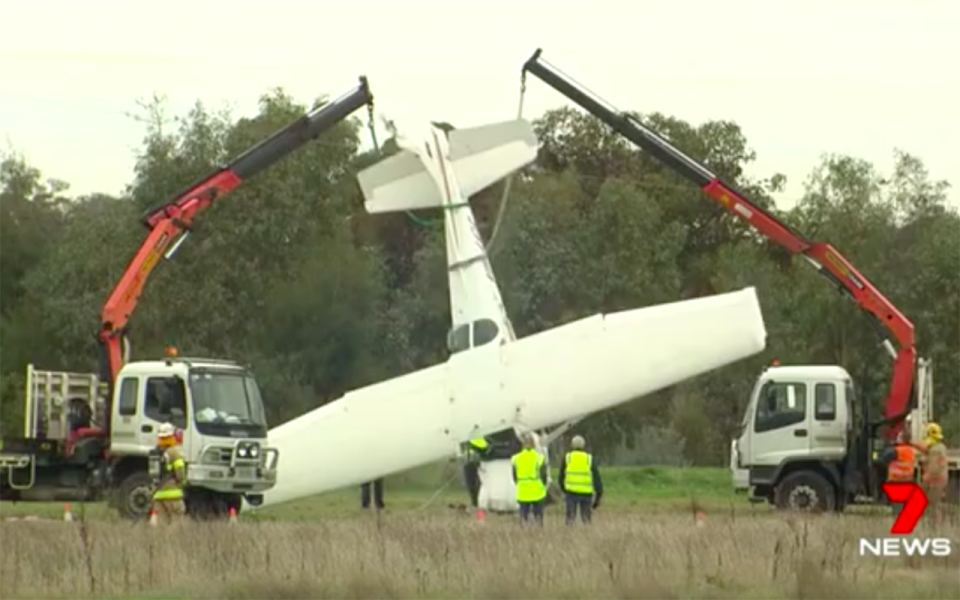 Two cranes were used to flip the aircraft, which was then taken to Parafield Airport for examination. Source: 7 News