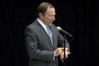 NHL Commissioner Gary Bettman speaks to reporters following collective bargaining talks with the NHL Players' Association, Tuesday, Aug. 14, 2012, in Toronto. (AP Photo/The Canadian Press, Chris Young)