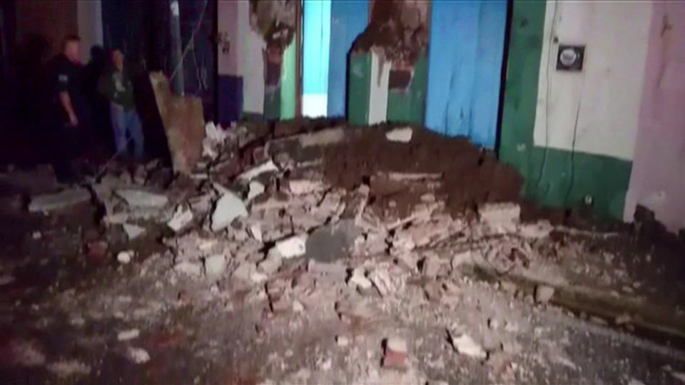 A video grab made from AFPTV footage shows damage to a building in downtown Oaxaca, Mexico, on September 8, after an 8.2-magnitude earthquake rocked Mexico late on September 7.