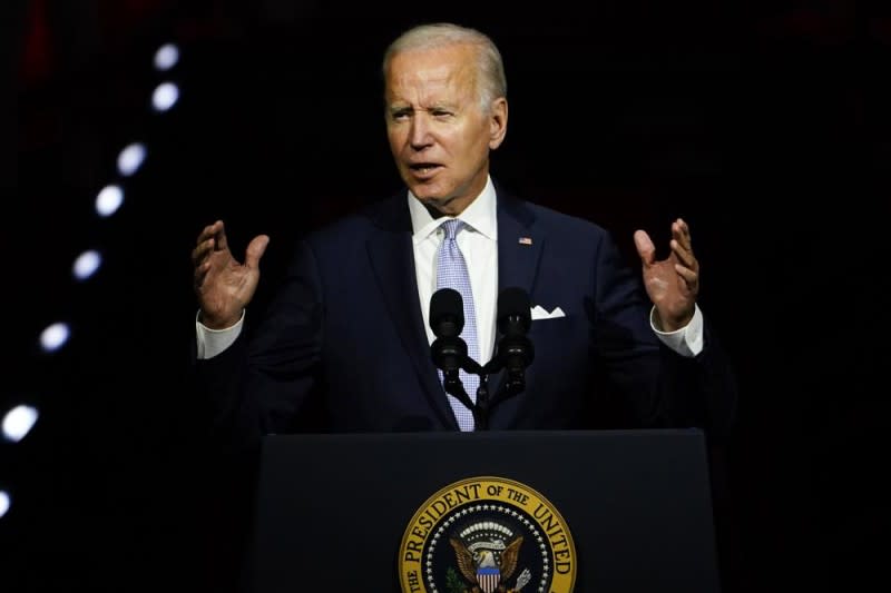 2022年9月1日，美國總統拜登（Joe Biden）於賓州費城發表全國演說。（AP）
